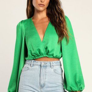 Lulus Chic Confessions Green Satin Long Sleeve Wrap Crop Top - Size S